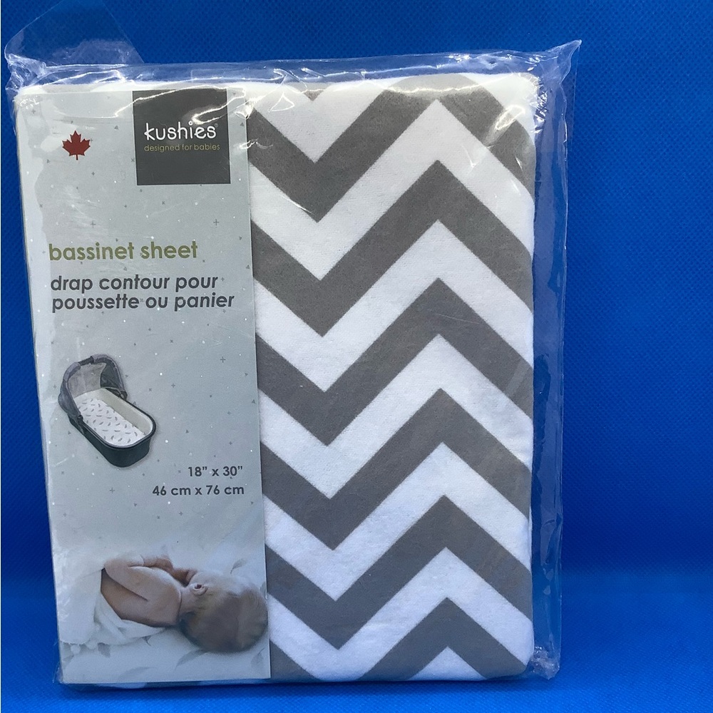 New Kushies Bassinet Sheet Grey Chevron 100% Cotton Flannel Made in Canada